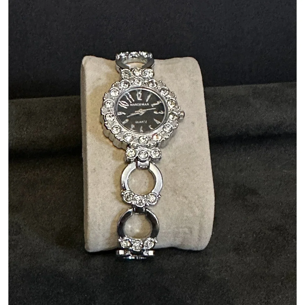 Marco Max Quartz Watch Women 7 Silver Black Rhinestone Analog Dressy‎